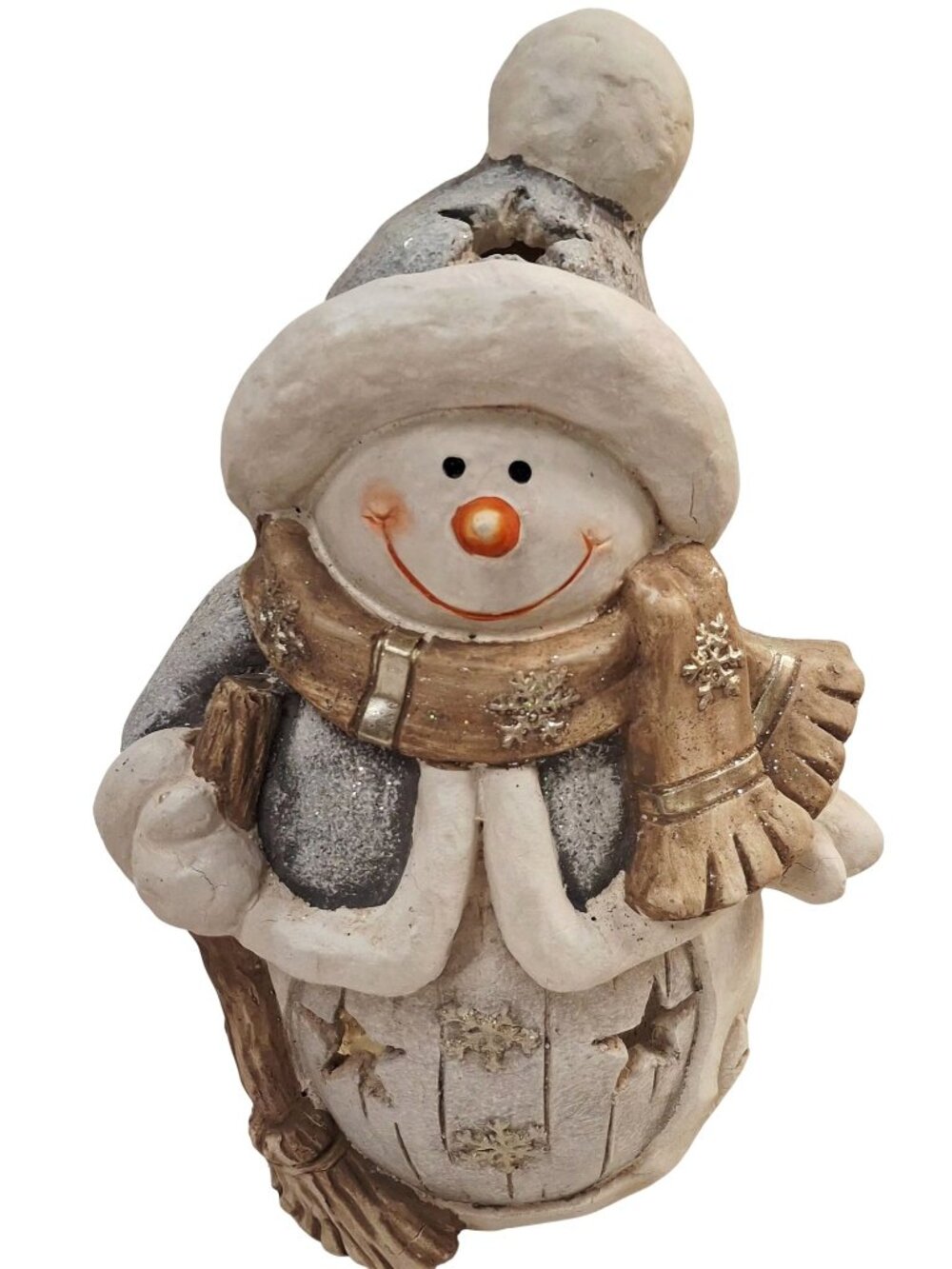 Snowman Figurine Tealight Candle Holder With Snowflake & Star Cutouts Frosted Fi